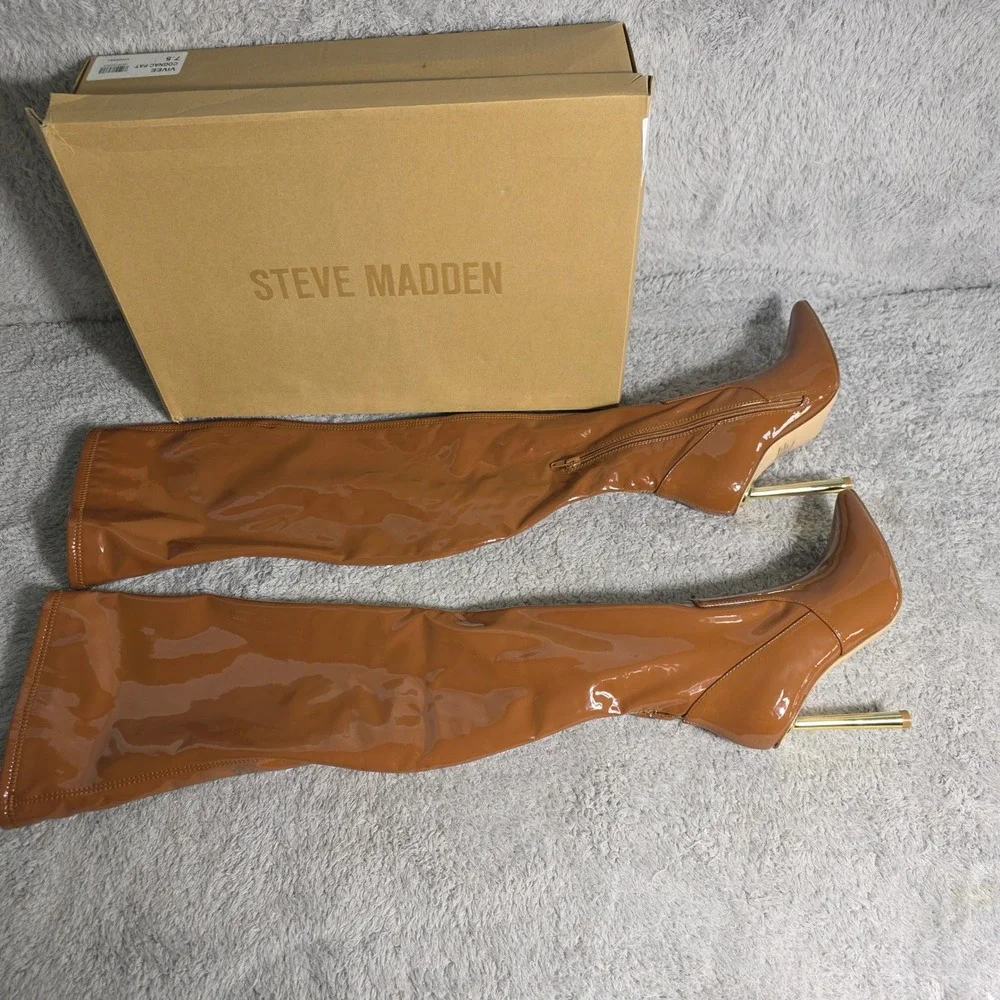 Steve Madden Over The Knee Boot Cognac Patent Stiletto Women 7.5 New